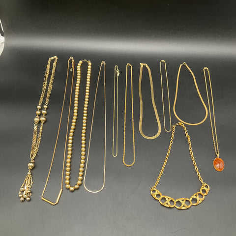 Gold Tone Costume Jewelry Lot 11 Necklaces Chains Tassel Brown Stone 0.6lb