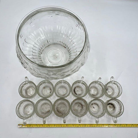 Vintage Pressed Glass Grape Pattern 13 Piece Punch Bowl Set Clear