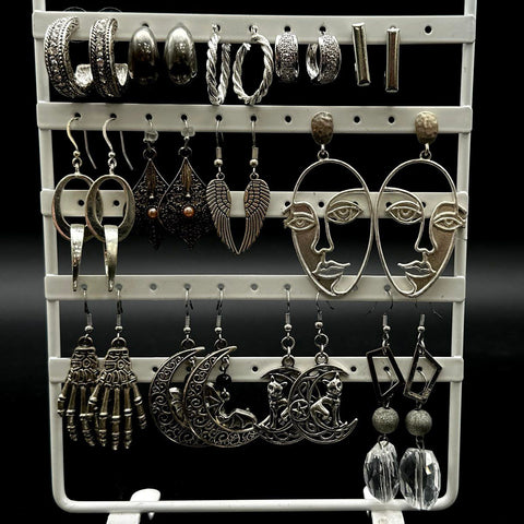 Gothic Boho Silver Tone Fashion Earring Lot 25+ Pairs Moon Skeleton Face Hoop