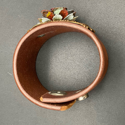 Leather Cuff Bracelet with Enameled Metal Flower Filigree Accent Western Boho