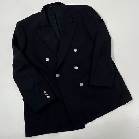 Vintage 90s Burberrys Men's Navy Double Breasted Wool Blazer Silver Buttons 24"