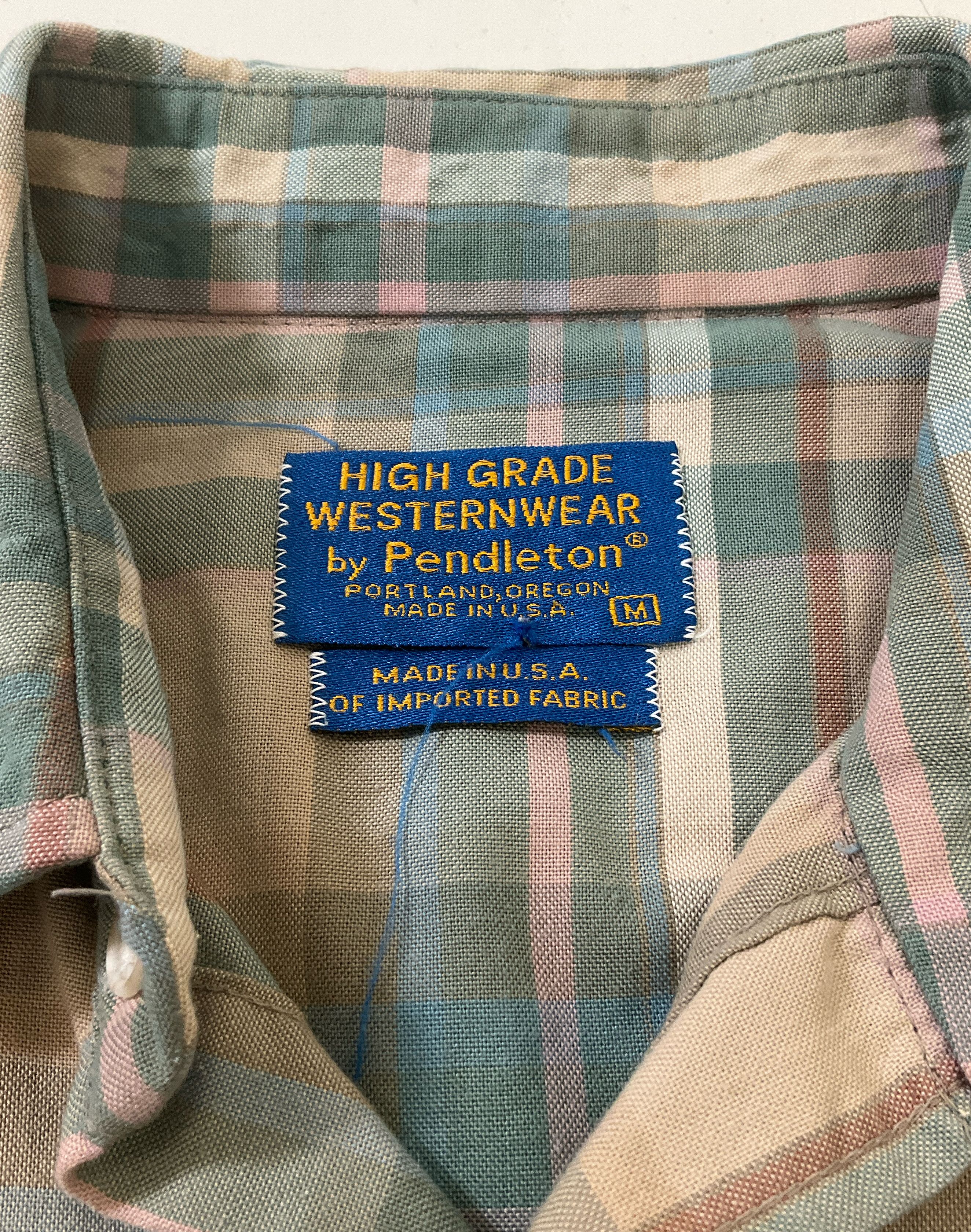 Pendleton High Grade Western Wear Men's Beige Plaid Shirt Sz M Vintage USA Made