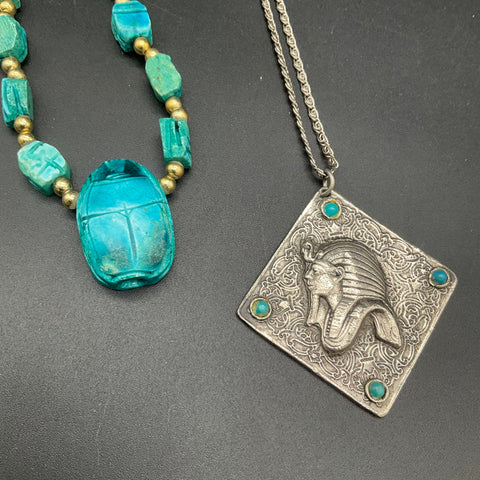 Vintage Egyptian Revival Jewelry Lot of 2 Scarab Bead & Sphinx Pendant Necklace