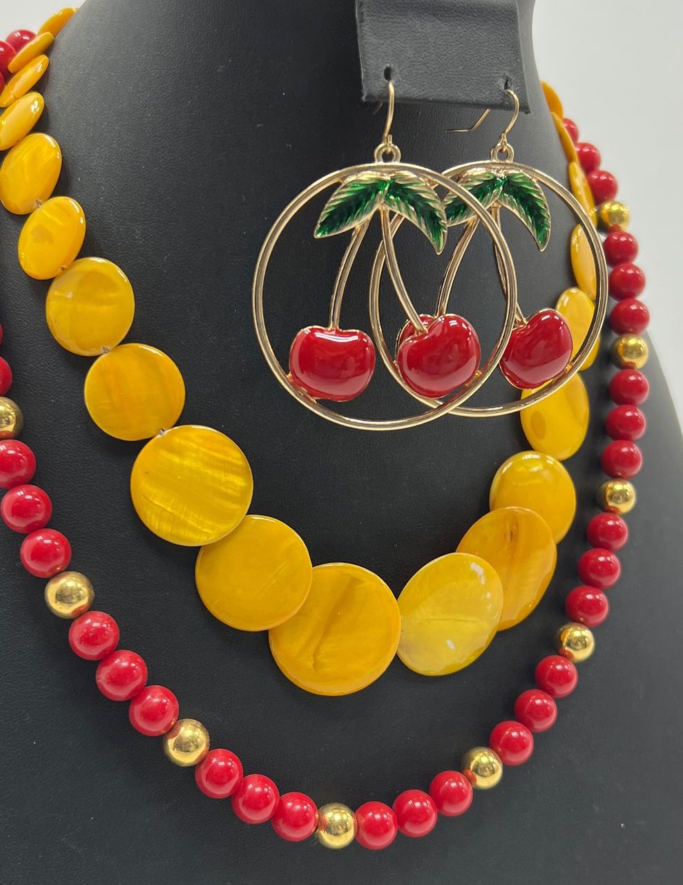 Lot Costume Cherry Earrings Yellow Red Beaded Gold Tone Necklaces Jewelry