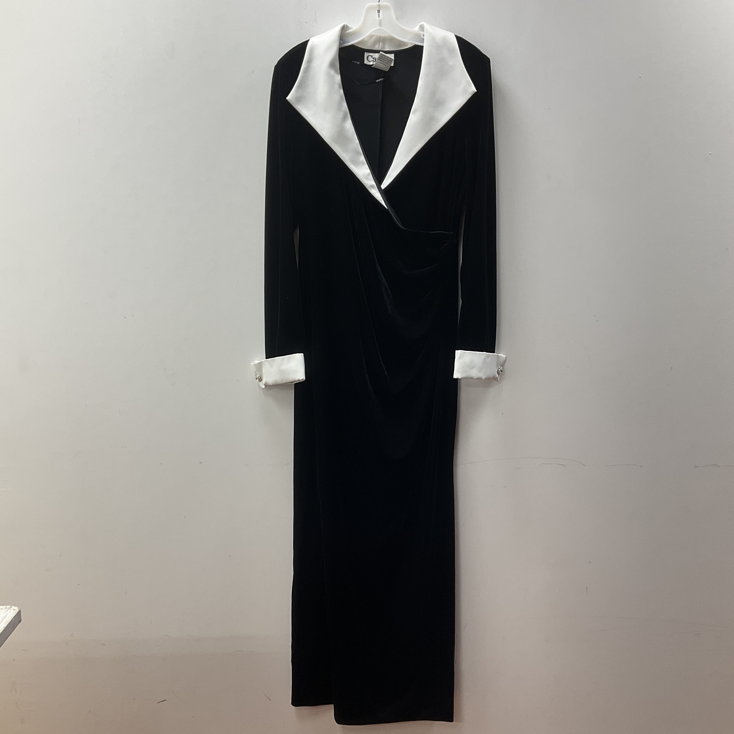 Cache Black Stretch Velvet Tuxedo Maxi Dress White Satin Trim Size 16 Vintage