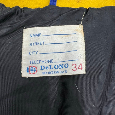 Vintage 80s Delong Wool Letterman Varsity Jacket Hooded Black Yellow '83 Sz 34