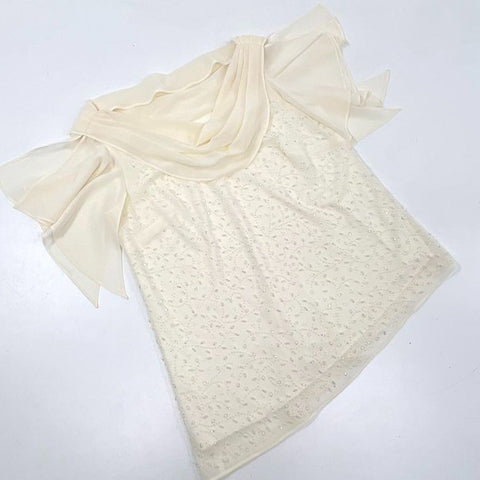 Vintage R&M Richards Beaded Drape Top Wide Leg Pants Set Sz 16W Ivory USA