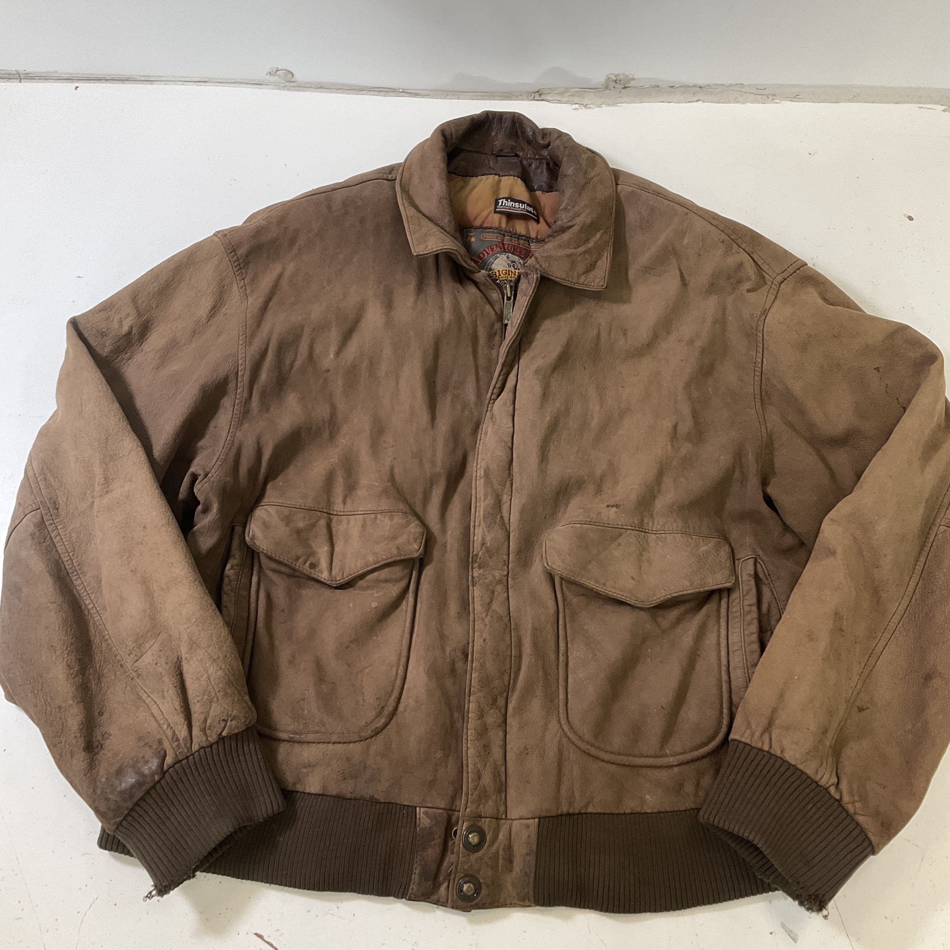 Wilsons Brown Adventure Bound Distressed Leather Bomber Jacket Size XL Vintage