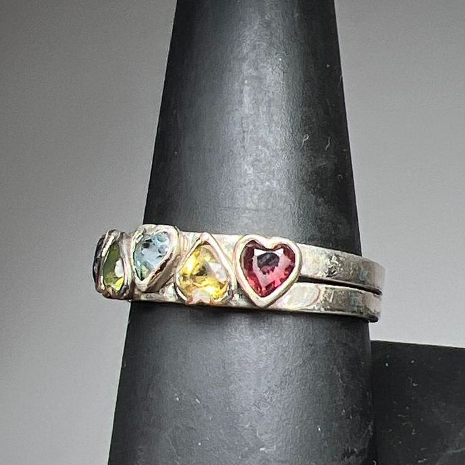 925 Sterling Silver Nesting Heart Gemstone Ring Size 8