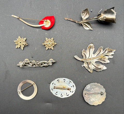 Vintage Costume Jewelry Lot 8pc Italy Silver Brooch Poppy Leaf Faux Pearl