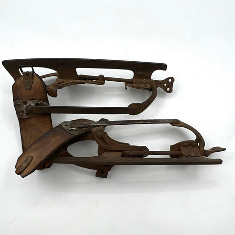 Vintage Antique Primitive Metal Clamp-On Ice Skates Leather Straps Pair