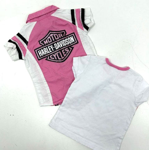 Harley Davidson Toddler Girl Shirt Lot 2pc Pink White Glitter Logo Sz 12M
