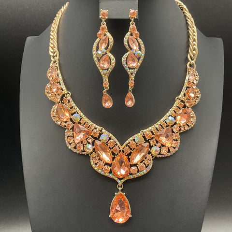 Vintage Style Rhinestone Bib Statement Necklaces Matching Earrings Lot of 2