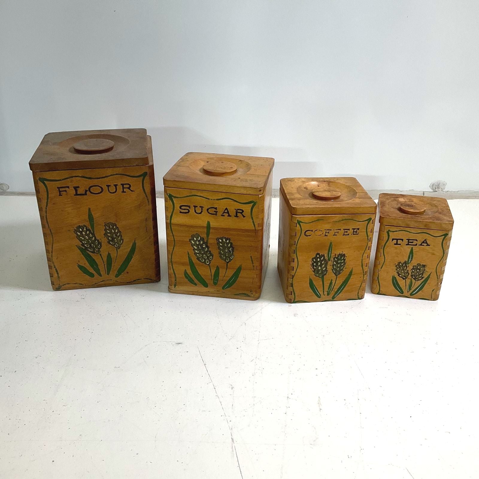 Vintage Wood Nesting Canister Set 4 Piece Hand Painted Wheat Graphic Rustic