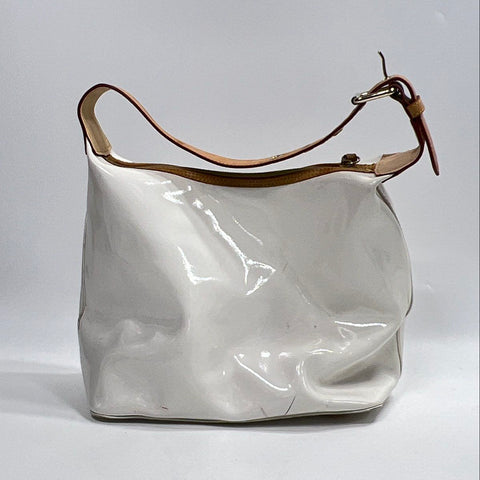 Dooney & Bourke White Patent Leather Tassel Hobo Bag Tan Trim