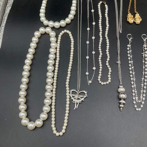 Vintage Faux Pearl Costume Jewelry Lot of 25 Necklaces Bracelets Earrings Ring