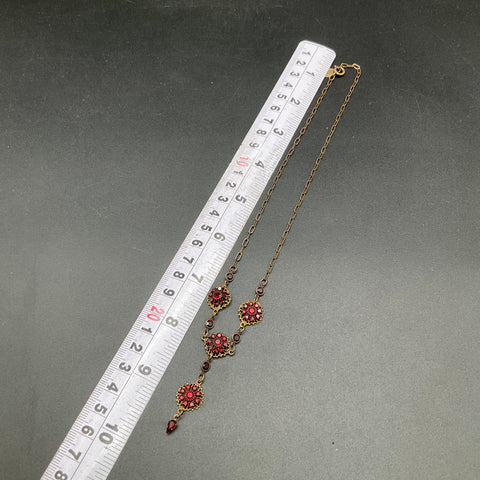 Kenny Ma San Francisco Red Crystal Floral Drop Necklace Brass Tone 18"