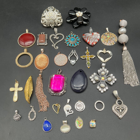 Mixed Costume Jewelry Pendant Lot of 32 Cross Heart Stone Tassel Pendants
