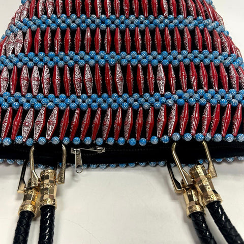 Red Blue White Geometric Beaded Tote Bag Black Braided Handles