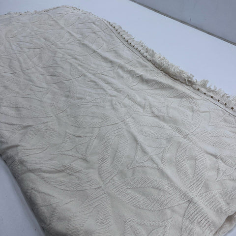 Crown Crafts Cotton Blanket Bedspread Cream Woven Jacquard Fringed Vintage
