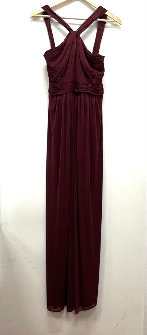 David's Bridal Women's Wine Long Mesh Y-Neck Bridesmaid Formal Gown NWT Sz 6