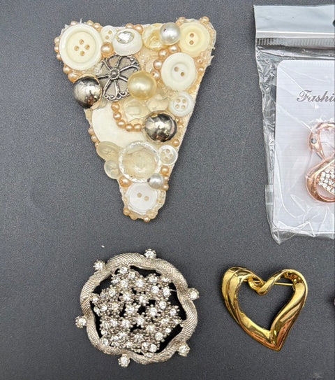 Vintage to Modern Costume Jewelry Lot 14 Brooches Pins Rhinestone Enamel Pearl