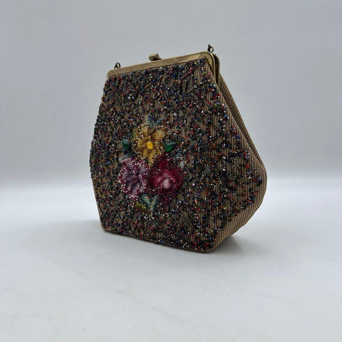 Vintage 1950s Soure Bag New York Tan Beaded Floral Lucite Handle Handbag Purse