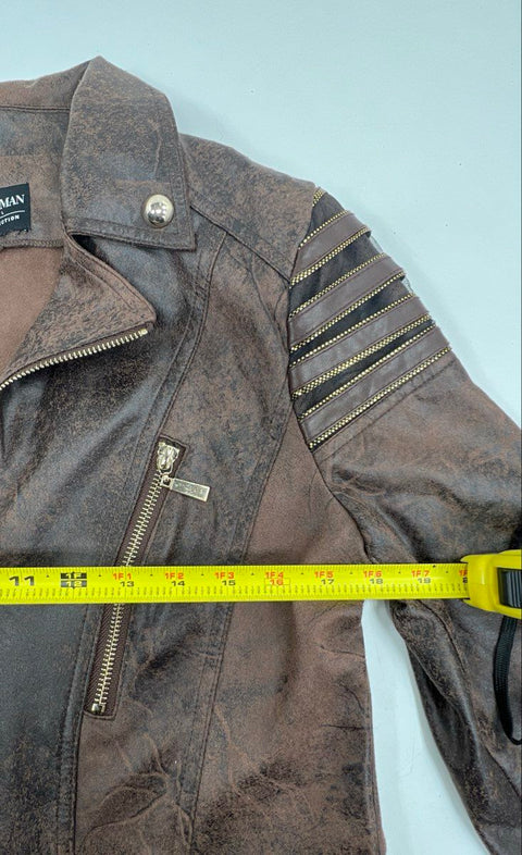 Frank Lyman Women's Brown Distressed Faux Suede Moto Jacket Gold Studs Size M