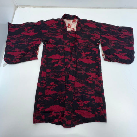 Vintage Japanese Kimono Haori Jacket Cloud Pine Tree Print Black Red Graphic