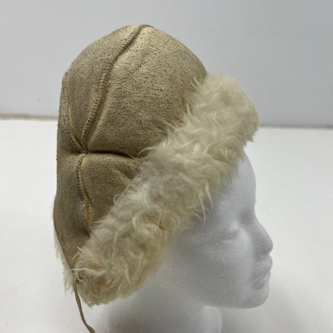 Vintage Tan Suede Sheepskin Shearling Lined Trapper Bonnet Hat