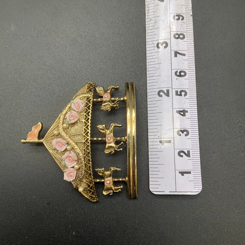 Vintage 1928 Jewelry Co. Carousel Brooch Gold Tone Pink Porcelain Roses 3"