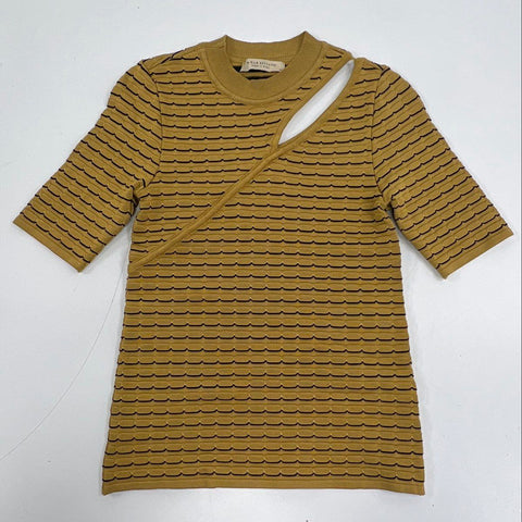 Paola Bernardi Women's Mustard Yellow Striped Ribbed Cutout Knit Top Size M