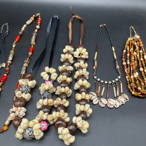 Boho Tropical Shell Beaded Necklace Jewelry Lot 7pcs Kukui Nut Bib Multi-Strand
