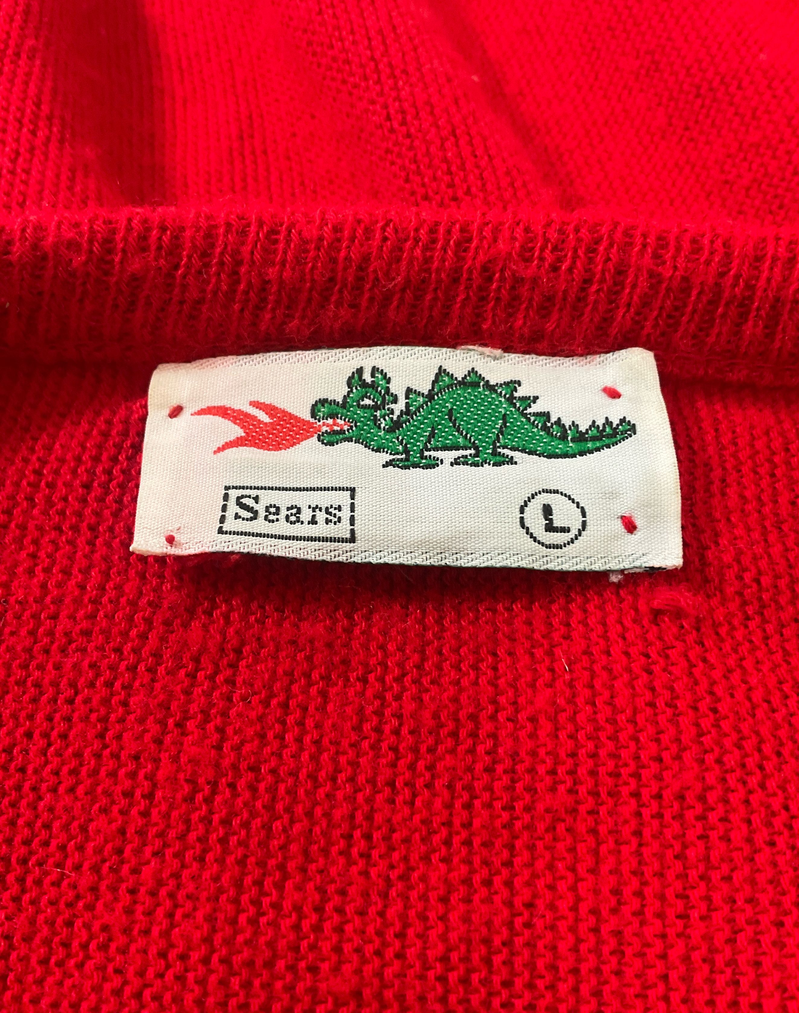 Sears Men's Vintage Red V-Neck Acrylic Sweater Dragon Label & Patch Size Large