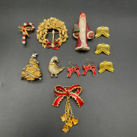 Vintage Eisenberg Ice Christmas Jewelry Lot 11pc Brooch Santa Wreath Earrings