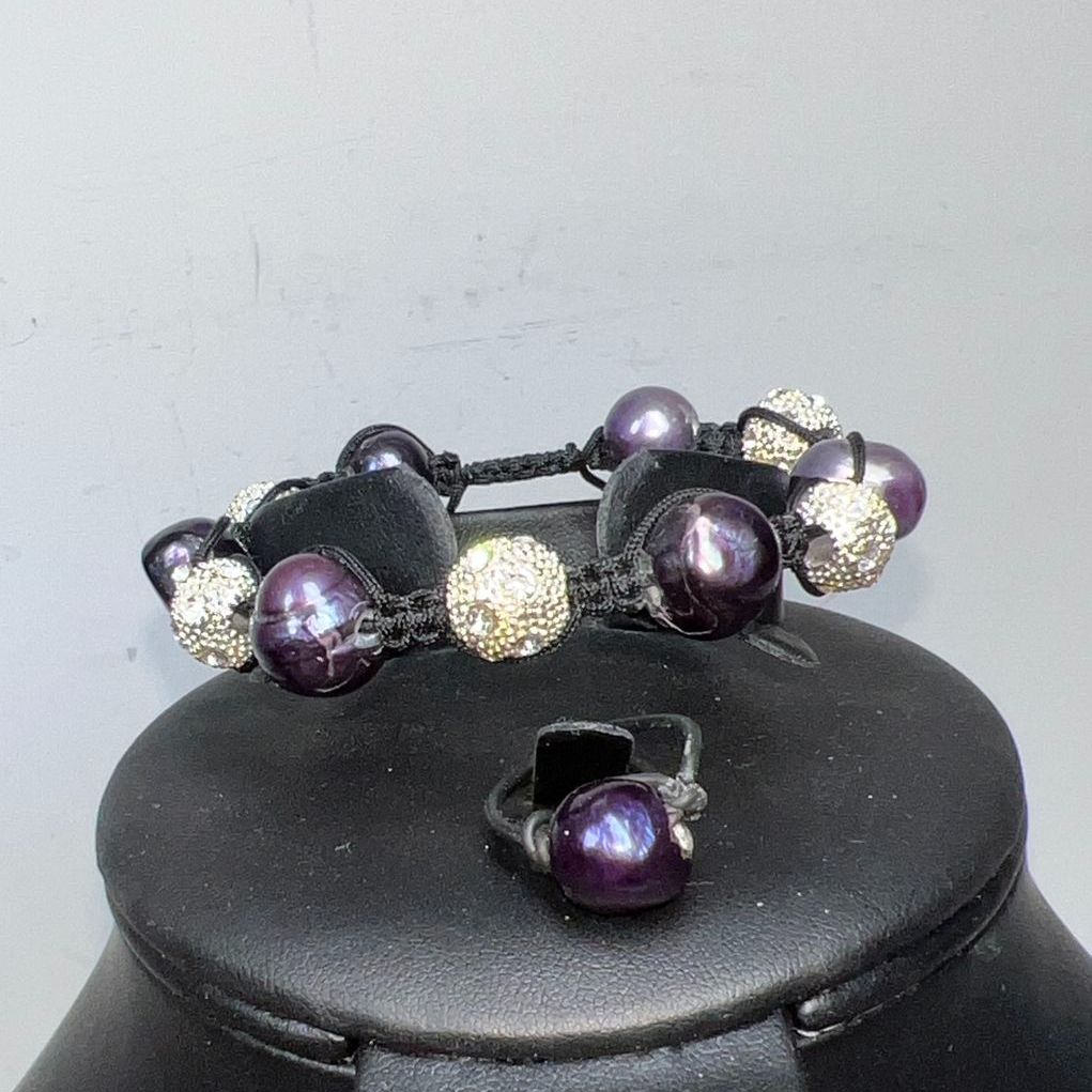 Blue Pearl & Silver Tone Rhinestone Bracelet & Ring Set