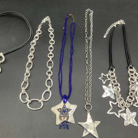 Modern Costume Jewelry Lot of 5 Silver Tone Star Motif Necklaces Beaded Cord
