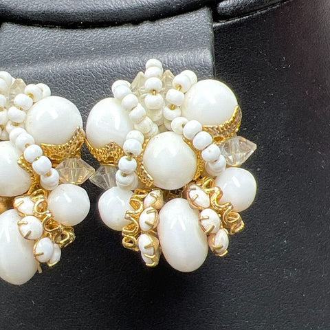 Vintage Vendome White Beaded Clip On Earrings 18.5g