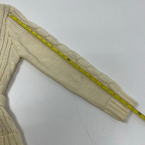 Vintage 70s Kmart Cream Cable Knit Belted Collared Cardigan Sweater Women's M