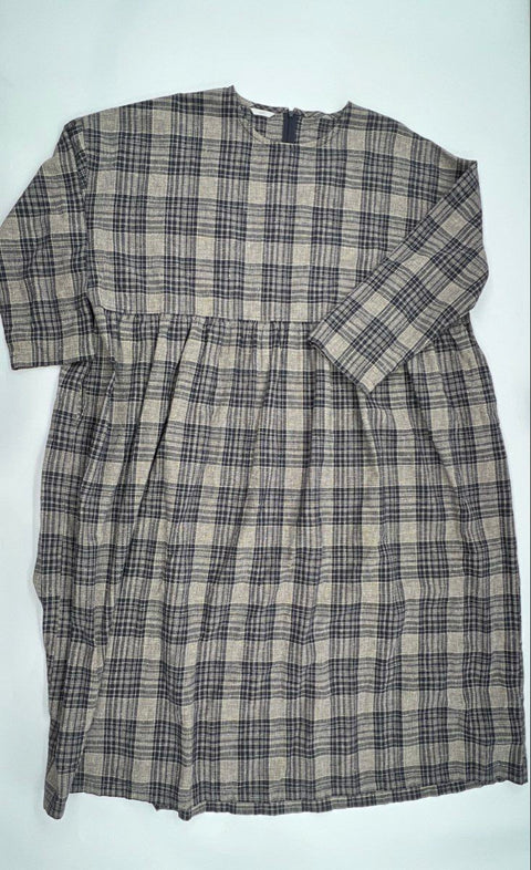 Ichi Women's Black Gray Plaid Oversized Long Sleeve Empire Waist Midi Dress