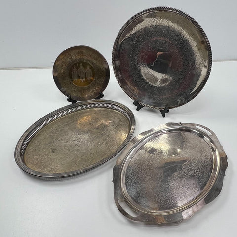 Lot of 4 Vintage Silver Plate Serving Trays Platters Mixed Styles & Sizes