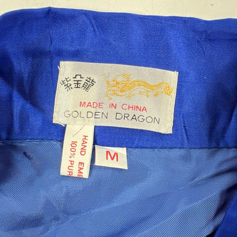 Vintage 90s Golden Dragon Hand Embroidered 100% Silk Robe Blue Sz M