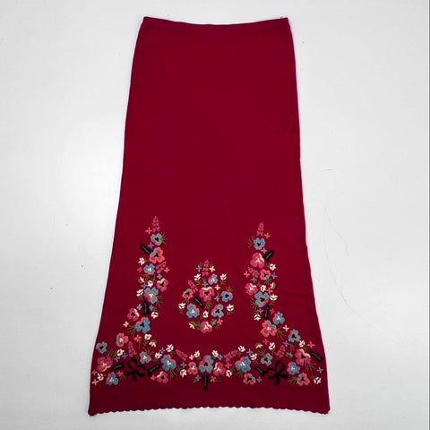 Double D Ranch Women's Red Floral Embroidered Linen Blend Knit Maxi Skirt Sz XS