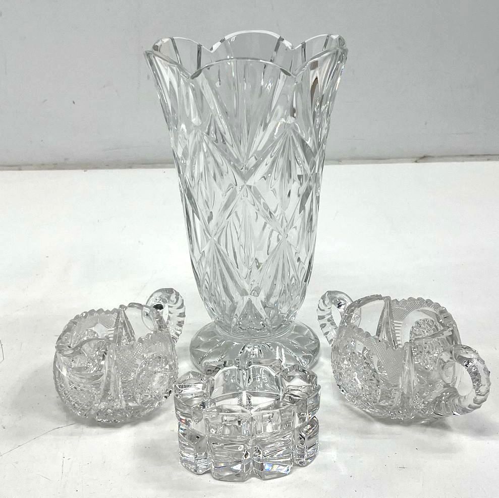 Vintage Style Cut Crystal Glass Lot 4 Vase Creamer Sugar Bowl Set