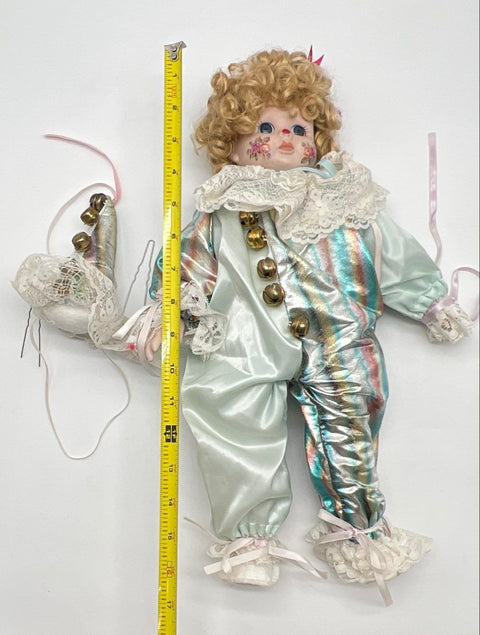 Musical Porcelain Clown Doll Iridescent Outfit Vintage 18 Inch Tested Music Box