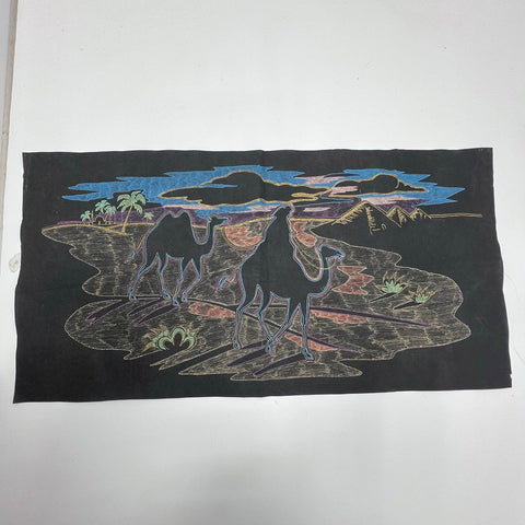 Lot 2 Vtg Unfinished Felt Velvet Art Black Americana Cowboy & Camel Desert Scene