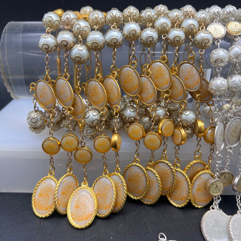 Religious Rosary Bracelet Lot of 20 Gold Silver Tone Faux Pearl Catholic Medals