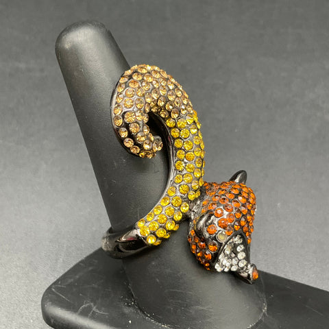 Fox Costume Ring Gunmetal Tone Orange Yellow Clear Rhinestones Size 9