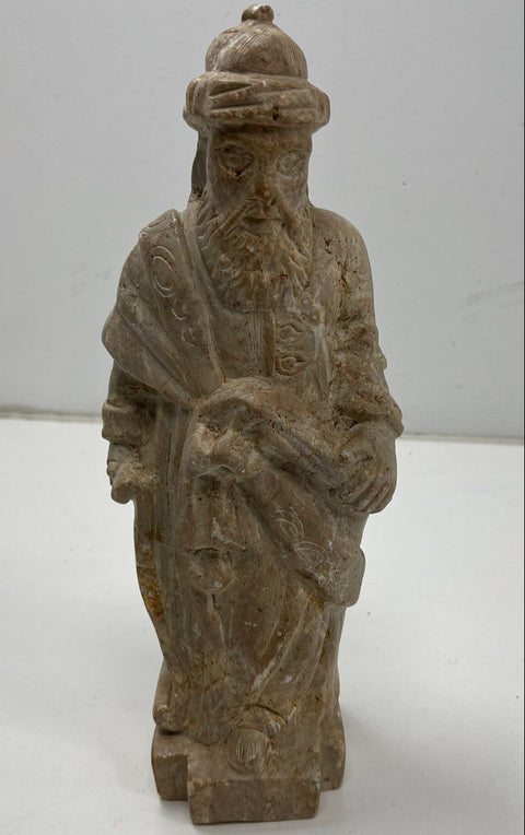 Vintage Hand Carved Stone Sculpture Bearded Figure 15" Signed Original Folk Art