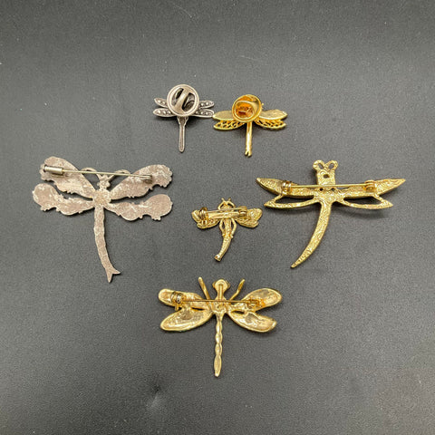 Vintage Dragonfly Brooch Pin Lot of 6 Rhinestone Enamel Gold Silver Tone